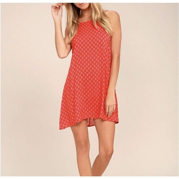 Lulus NWT Mini Slip Dress Size XS Red‎ Pattern Spaghetti Strap Pullover Shift - Picture 1 of 10